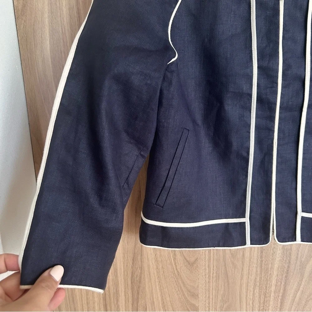 J. Crew Blazer 100% Linen Blue Jacket Blazer Size 4Piping Crop Lined Zip Women - Picture 2 of 6